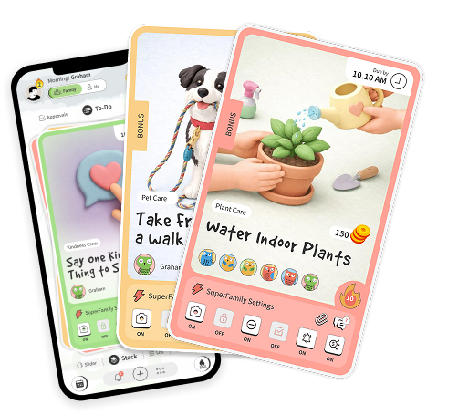 Family organizer app dashboard showing chore management, routines, task tracking, reminders, and rewards system on mobile screens for parents and kids