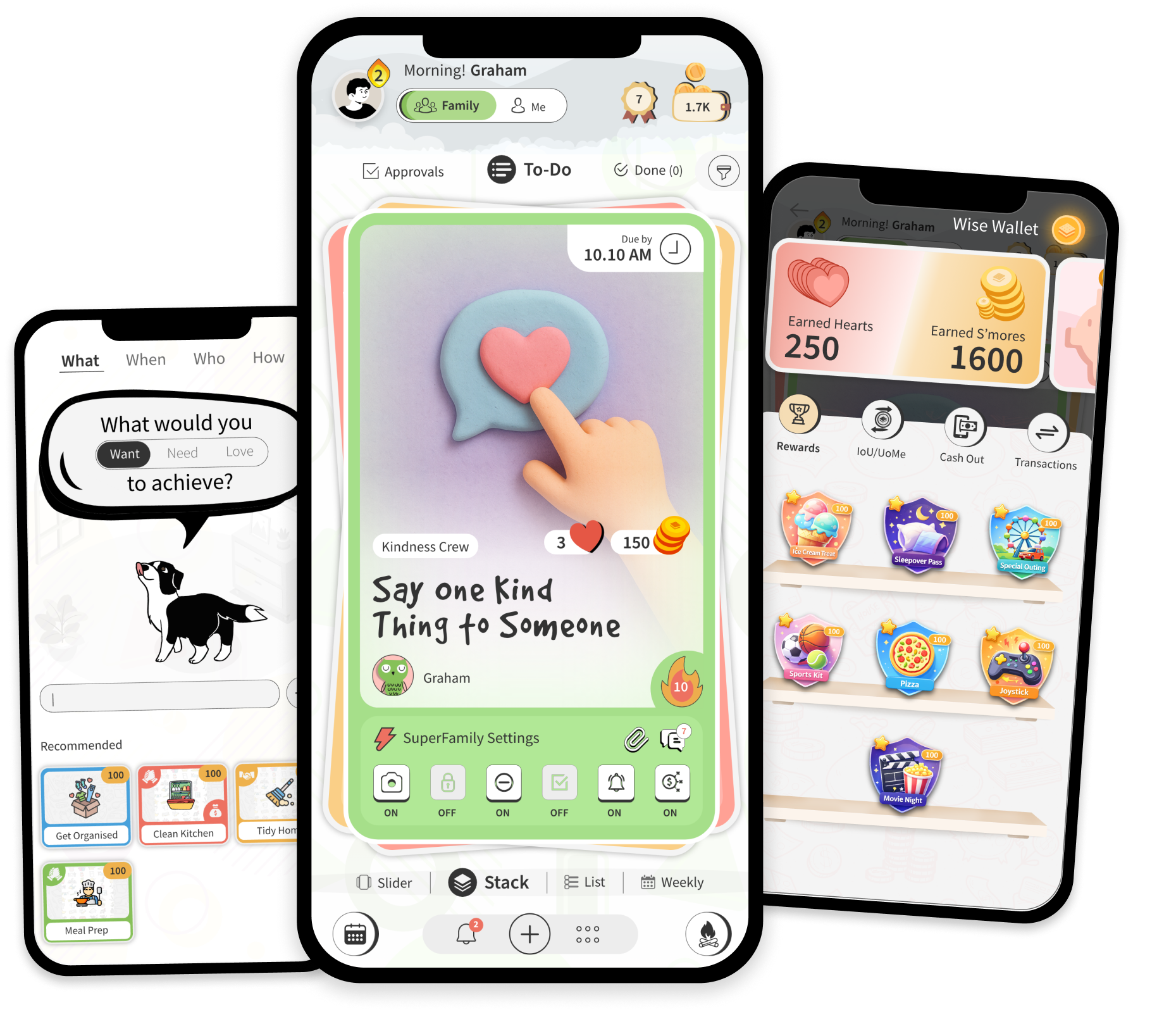 AI family organizer app interface showing chores, rewards, reminders and family schedule management on mobile