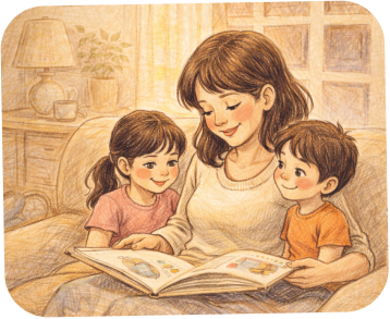 happy family spending calm time together after organizing routines with family management app