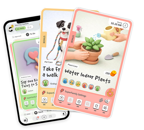 AI family organizer app interface showing chores, rewards, reminders and family schedule management on mobile